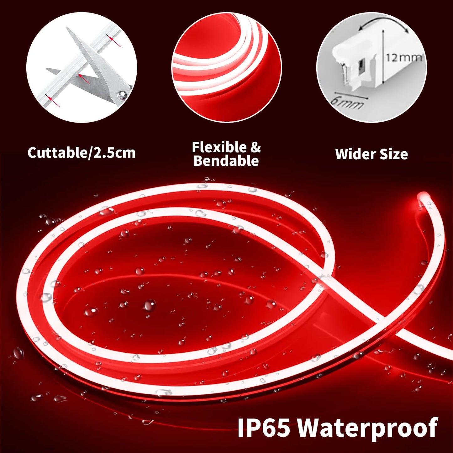 iNextStation Red Neon LED Light Strip, 16.4FT DC12V Flexible Silicone Neon Rope Lights with Touch Dimmer, IP65 Waterproof Cuttable Light Strip Kit for Gaming Room, Bedroom, Home Decor(with Plug)