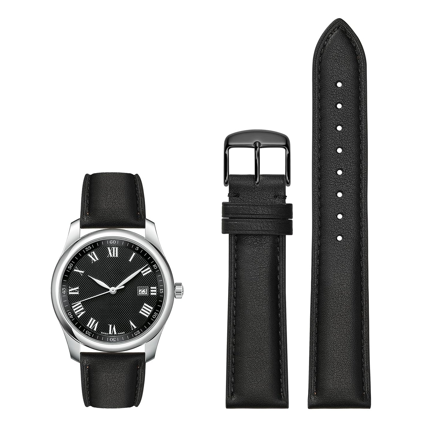 Afany Leather Watch Band 19mm for Men and Women, Quick Release Watch Strap, Black Replacement Watchband