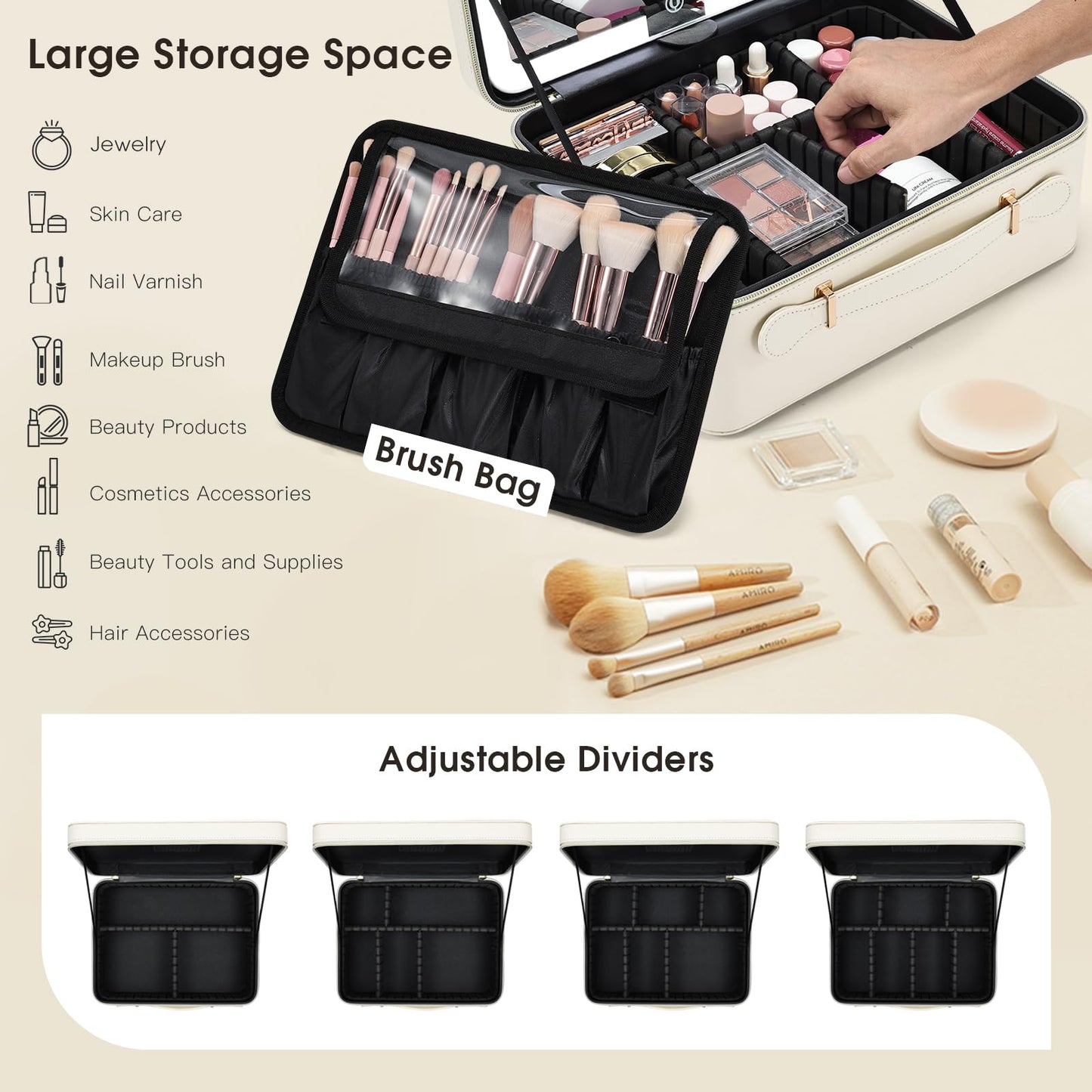 Faquenc Leather Makeup Case with LED Lighted Mirror 11.4 Inch Travel Makeup Bag Adjustable Brightness in 3 Colors Cosmetic Organizer Artist Storage Bag with Dividers Brush Holder Bag Vanity White