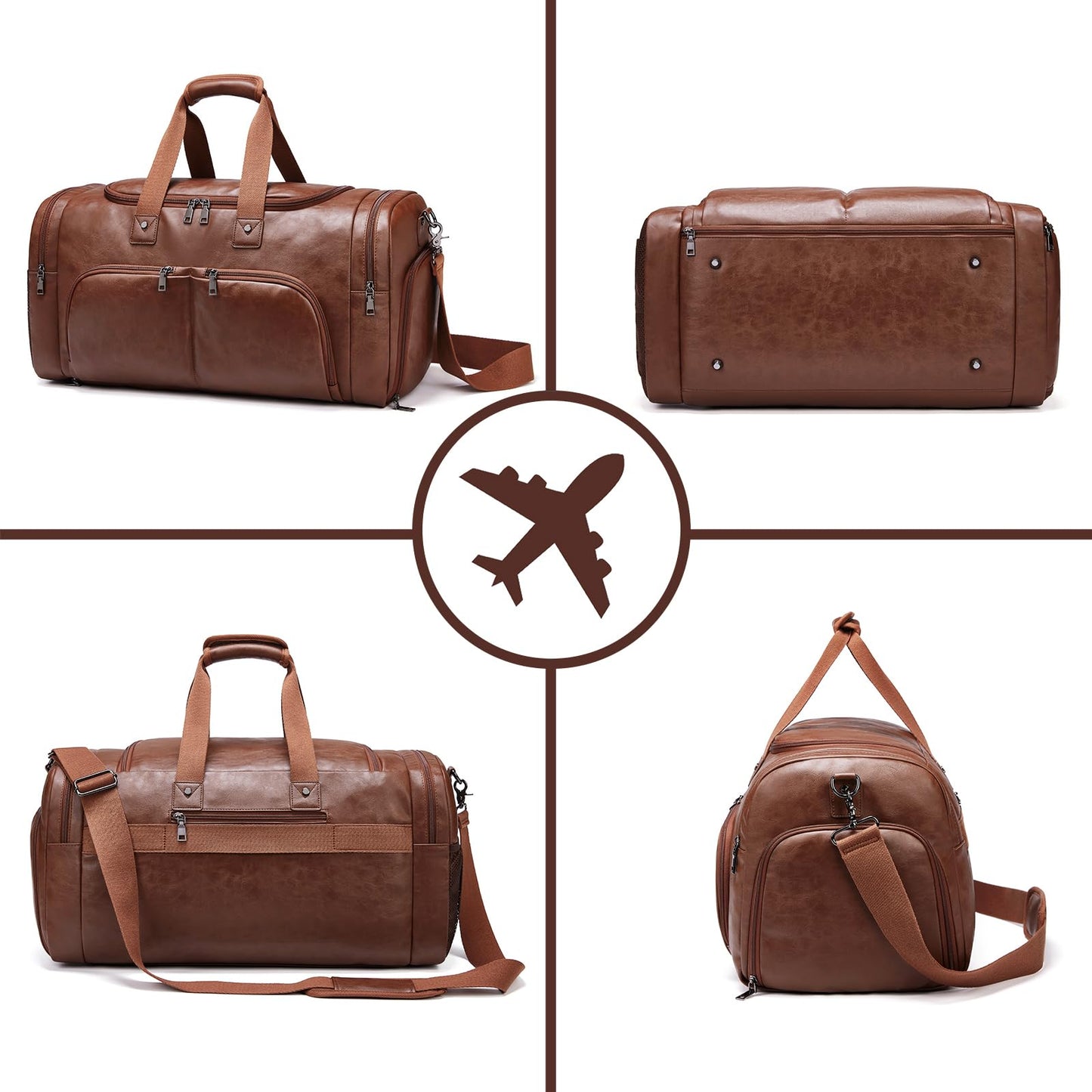 Leather Travel Duffle Bags for Men Women, Weekender Overnight Bag with Shoe Compartment Waterproof Carry on Duffle Bags for Airplanes Gym Sport Business Bag