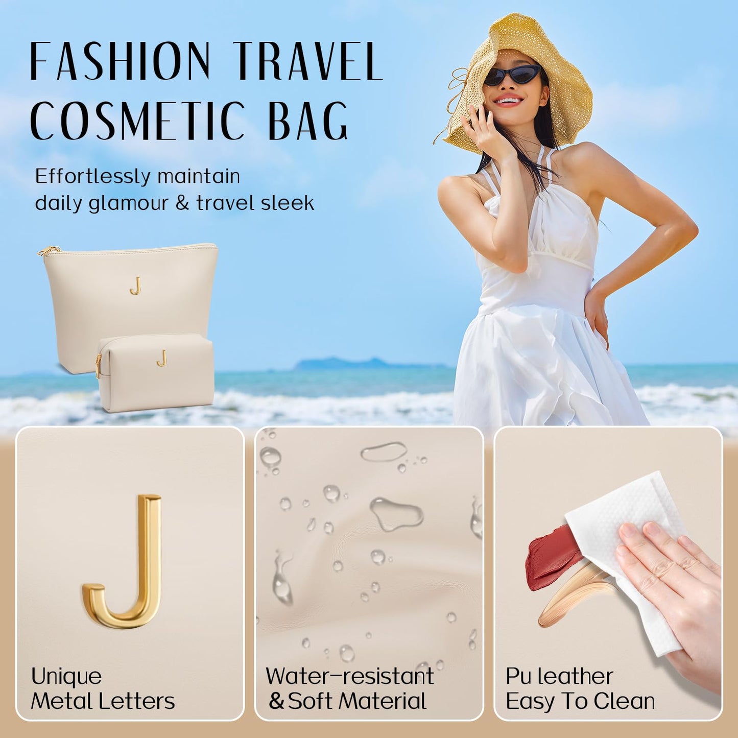 CLOUDWINGS Graduation Gifts | Initial Makeup Bag for Women Personalized Gifts for Bridesmaid Teachers Friend Female College Cosmetic Travel Toiletry Bag(Beige,J)