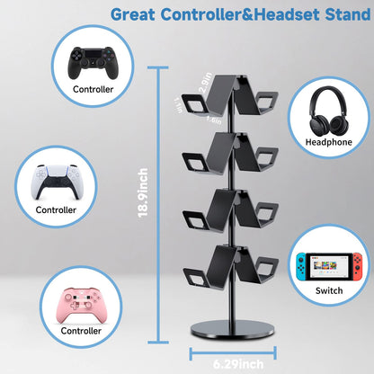 Karanava Controller Holder 4 Tier,Headphone Stand - Adjustable Headset Holder for Xbox PS5 PS4 Switch Pro - Gaming Accessories Storage for Gamer,Desk/Floor(Black)