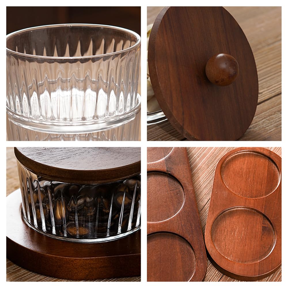 ANQIA Round Glass Snackle Box Container Snack Organizer and Fruit Platter with Acacia Wood Lids and Tray Divided Serving Tray for Nuts Candy Dry Fruits (3 Jars)