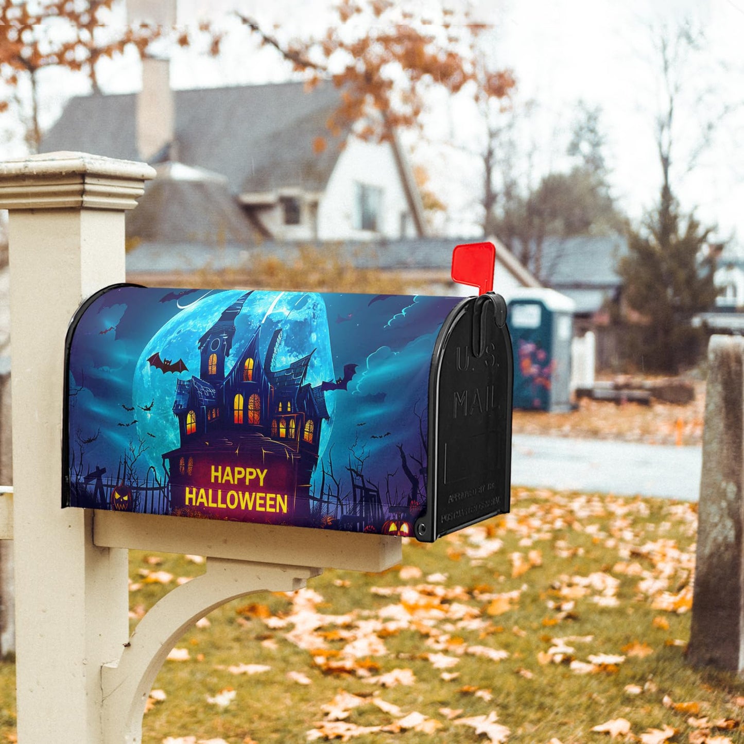 Happy Halloween Mailbox Covers Magnetic Scary Night Haunted House Waterproof Mail Box Wraps Large Size 25.5x21 Inch Full Moon Bats Decorative Blue Letter Box Cover for Home Garden Yard Outside