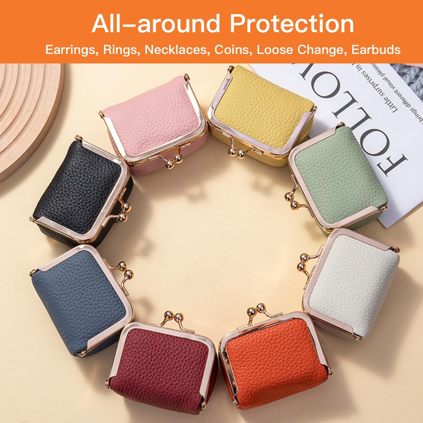 Small Travel Jewelry Box, Genuine Leather Mini Kiss-Lock Coin Purse Organizer, Portable Jewelry Storage for Women (Green, L)