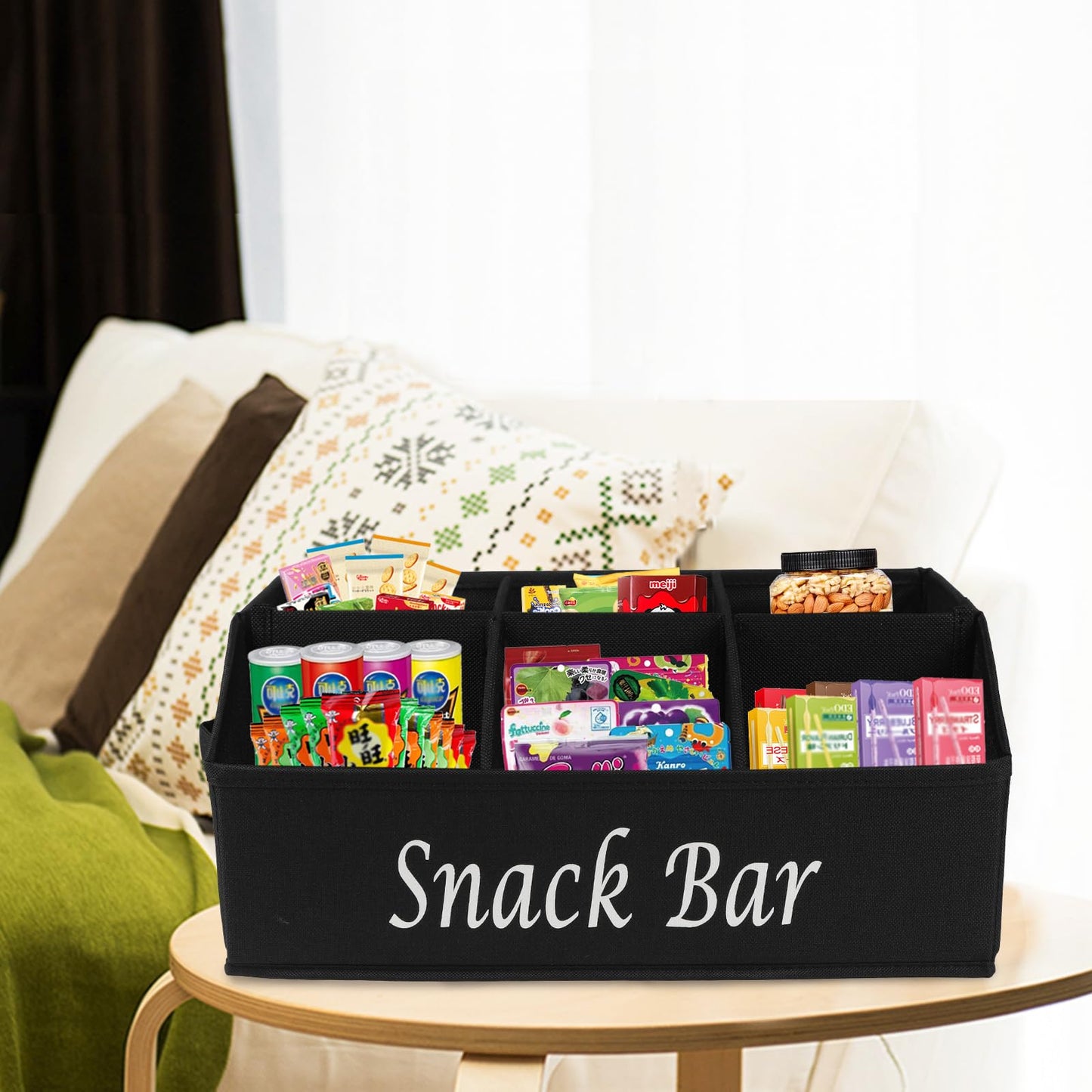 Gdfjiy Snack Organizer for Countertop, Trapezoid Fabric Snack Bin Holder with Side Handles, 6 Compartment Snack Basket Container, Lightweight Snack Bar Station Organizer, Kitchen Pantry Storage-Black