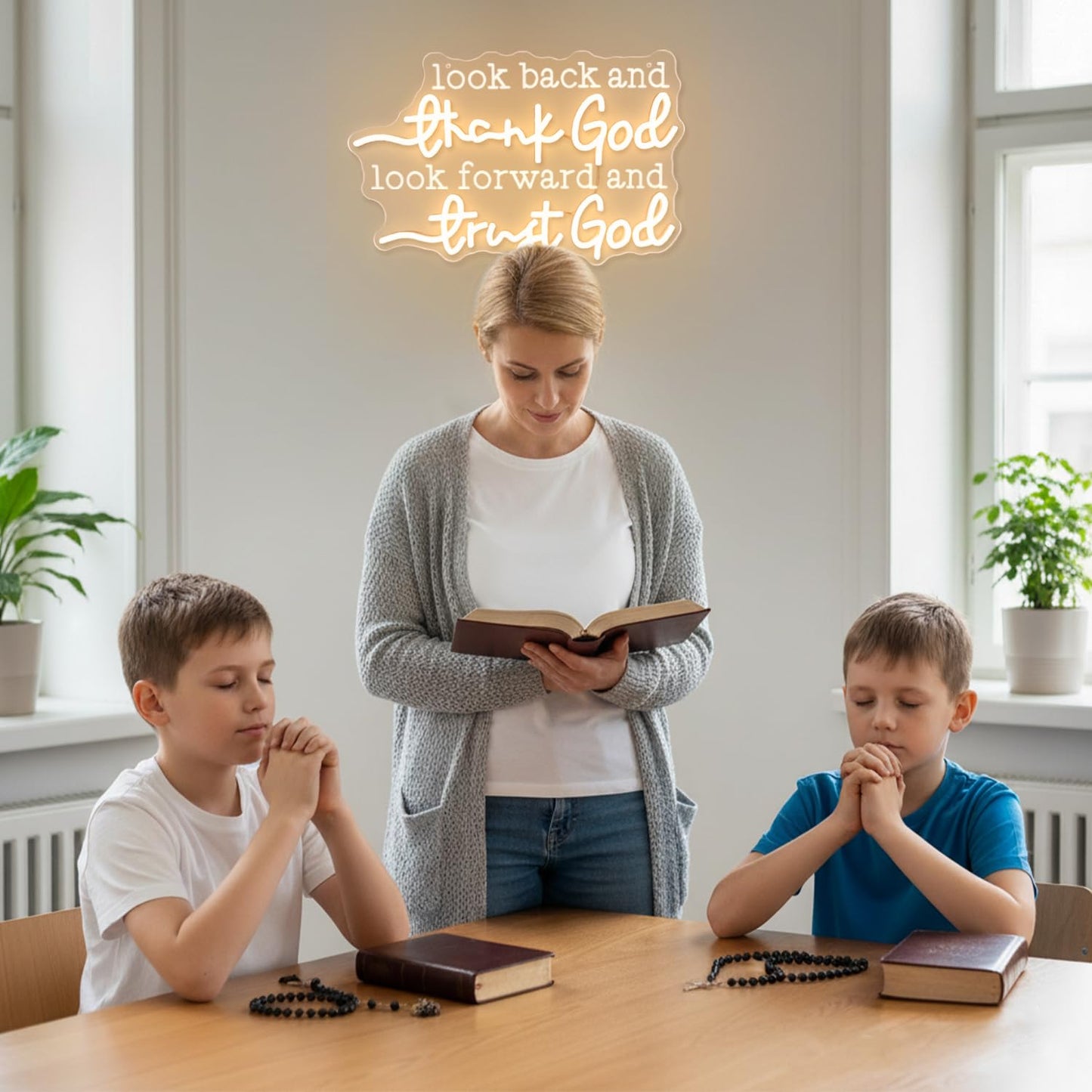 Sneignon Christian Neon Sign – “Look Back and Thank God,Look Forward and Trust God” LED Neon Wall Decor with USB Power & Dimmable Brightness,Bible Verse Neon Light for Bedroom,Church,Home