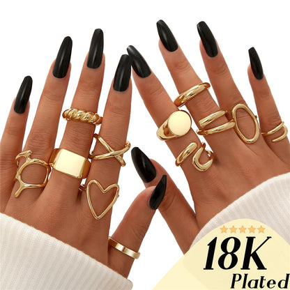 FAXHION 12PCS Gold Stackable Rings Set for Women, 18K Gold Plated Open Stacking Knuckle Ring, Adjustable Chunky Signet Band Statement Ring for Gift