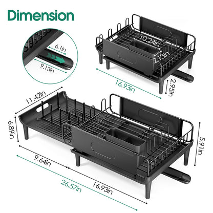 Extendable Dish Drying Rack for Kitchen Counter, Large Expandable Dish Rack with Multifunctional Drainboard for Pan Pot, Collapsible dish drainer, Foldable Plate Strainer for Home Countertop Storage