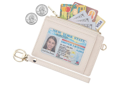 Women Slim Rfid Blocking Credit Card Case Holder Wristlet Zip ID Case Wallet Small Compact Leather Wallet Coin Purse with Keychain (Beige)