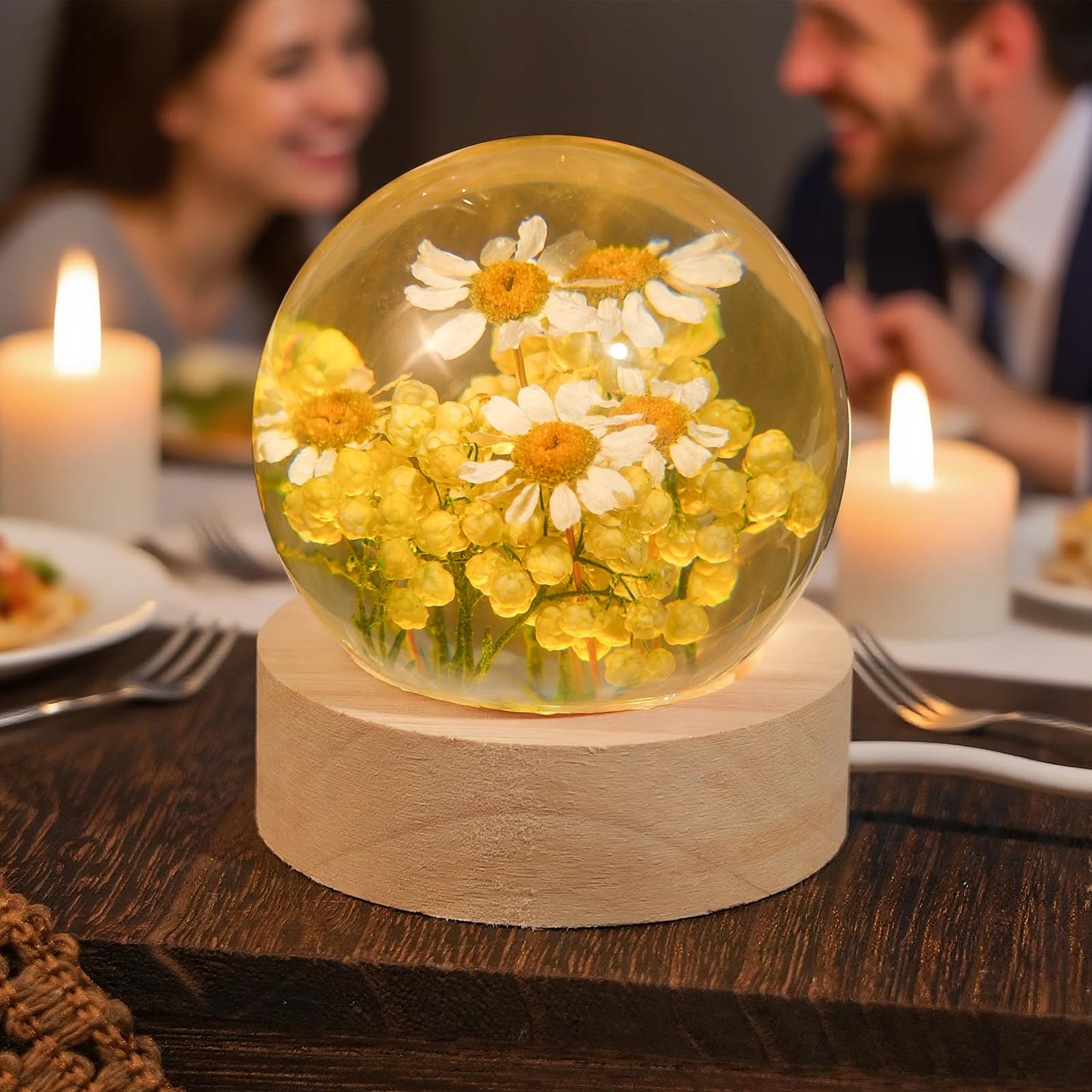 QNCMBUG Chamomile Crystal Ball Night Light - Real Chamomile Encased in Glowing Resin Ball, USB-Powered Desk Lamp with Wood Base, Unique Daisy Gift for Valentine's Day, Mother's Day & Home Decor