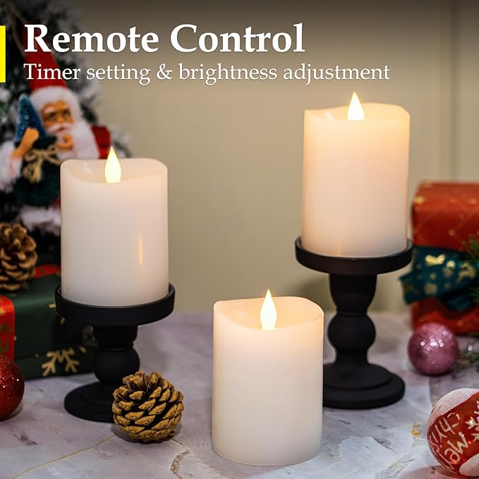 3"x4" Flickering Flameless Candles with Remote Timer- Set of 3 Real Wax White Pillar LED Candles for Indoor/Outdoor Fireplace & Home Decor, Battery Operated with 600+ Hours Flickering (3" Diameter)