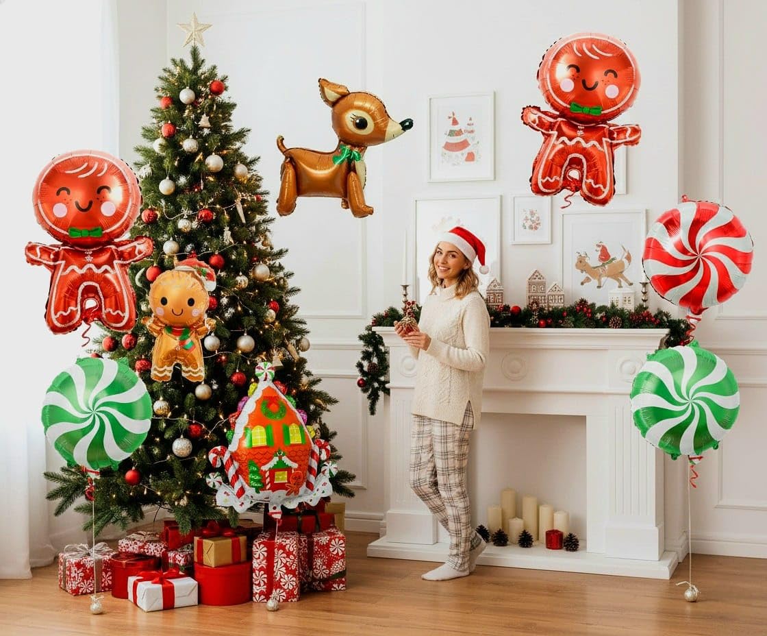 KatchOn, Merry Christmas Balloons Decorations - 32 Inch, Pack of 8 | Foil Balloon Christmas Decorations Indoor | Candy Cane Balloon, Gingerbread Balloons for Party Decorations | Holiday Decor