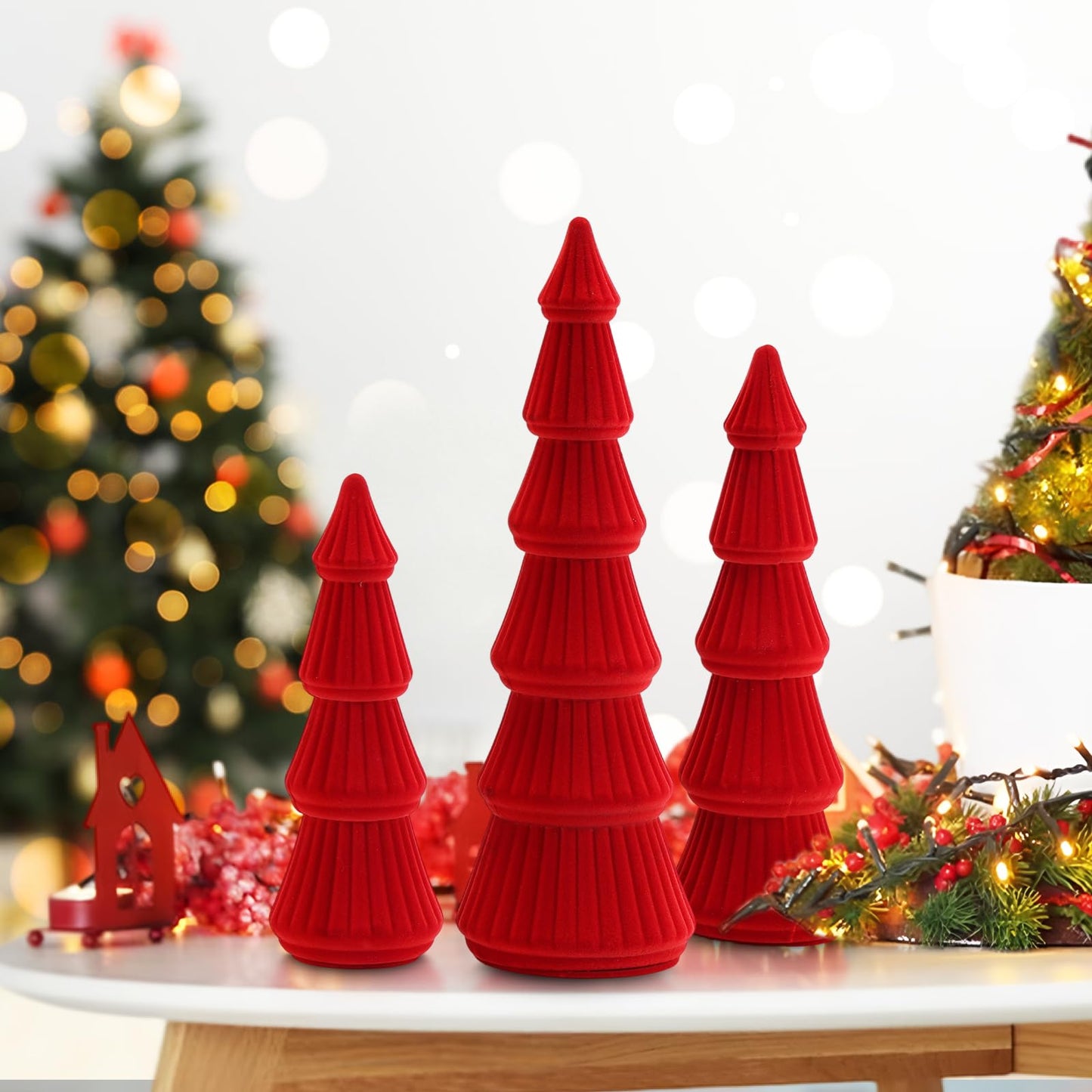 Fivebop Wooden Christmas Tree Figurine, 3 Pcs Tabletop Xmas Tree, Christmas Centerpiece Decor for Home Entryway Mantel Shelf Table Fireplace Holiday (Red-Wood & Velvet)