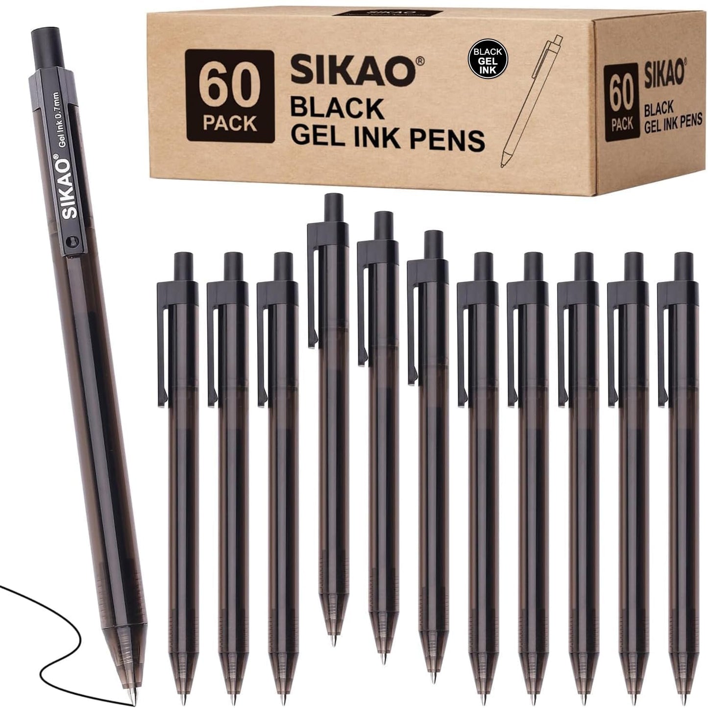 Sikao Black Gel Pens Bulk, 60 Pack Retractable Black Gel Ink Pens, 0.7mm Fine Point Smooth Writing No-Smear Gel Pens for Office, School, Teachers, Students & Restaurant Servers, Front Desks