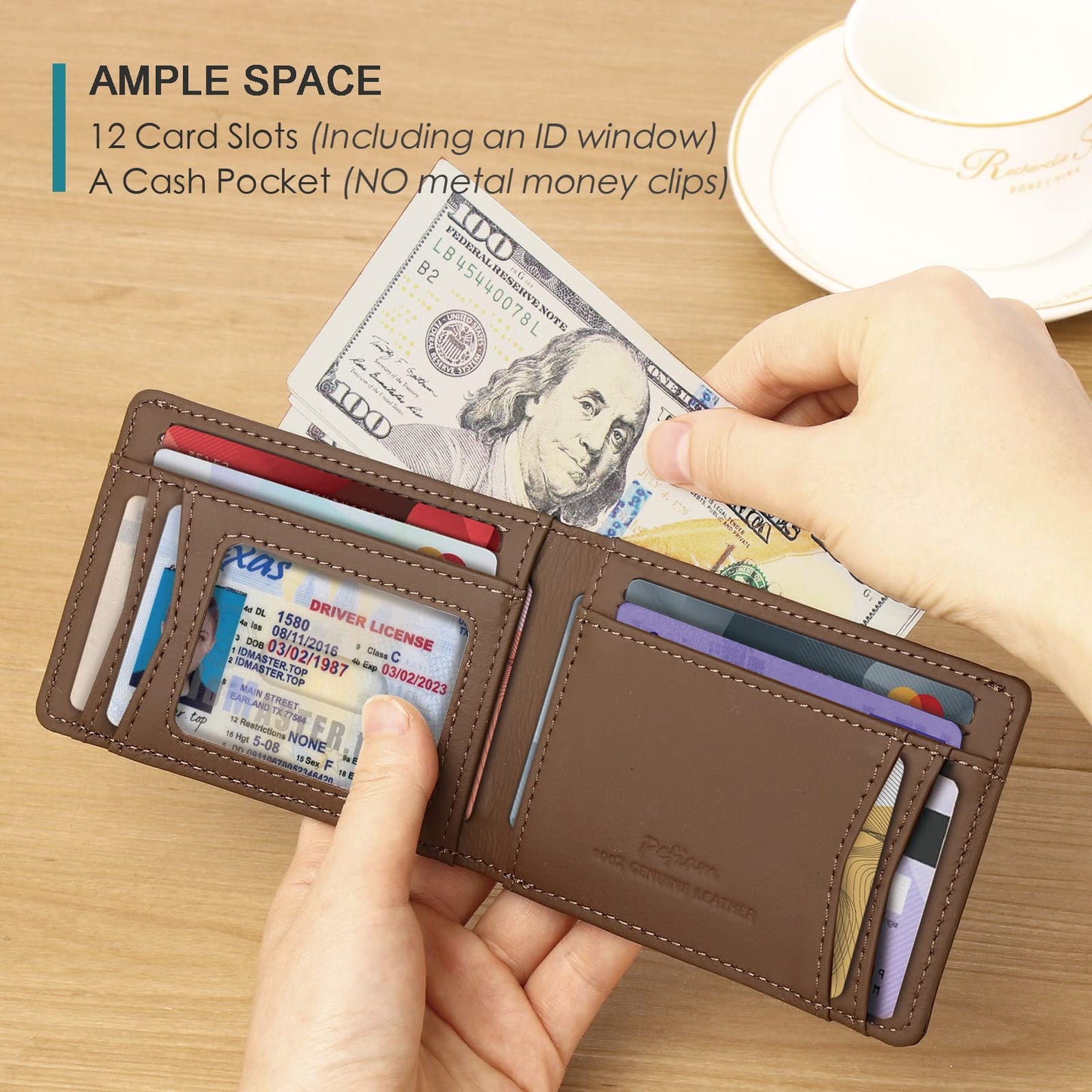 Pefiam Full Grain Leather Wallets for Men, Bifold Wallets for Men, Mens Leather Wallets with 12 Slots, RFID Blocking, Gifts for Men (USA Flag, Red)