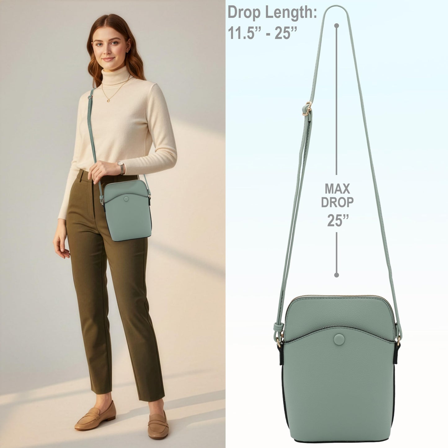 Solene Small Crossbody Bag with Gold Hardware, Mini Shoulder Purse with Adjustable Strap LC150A (Mint)