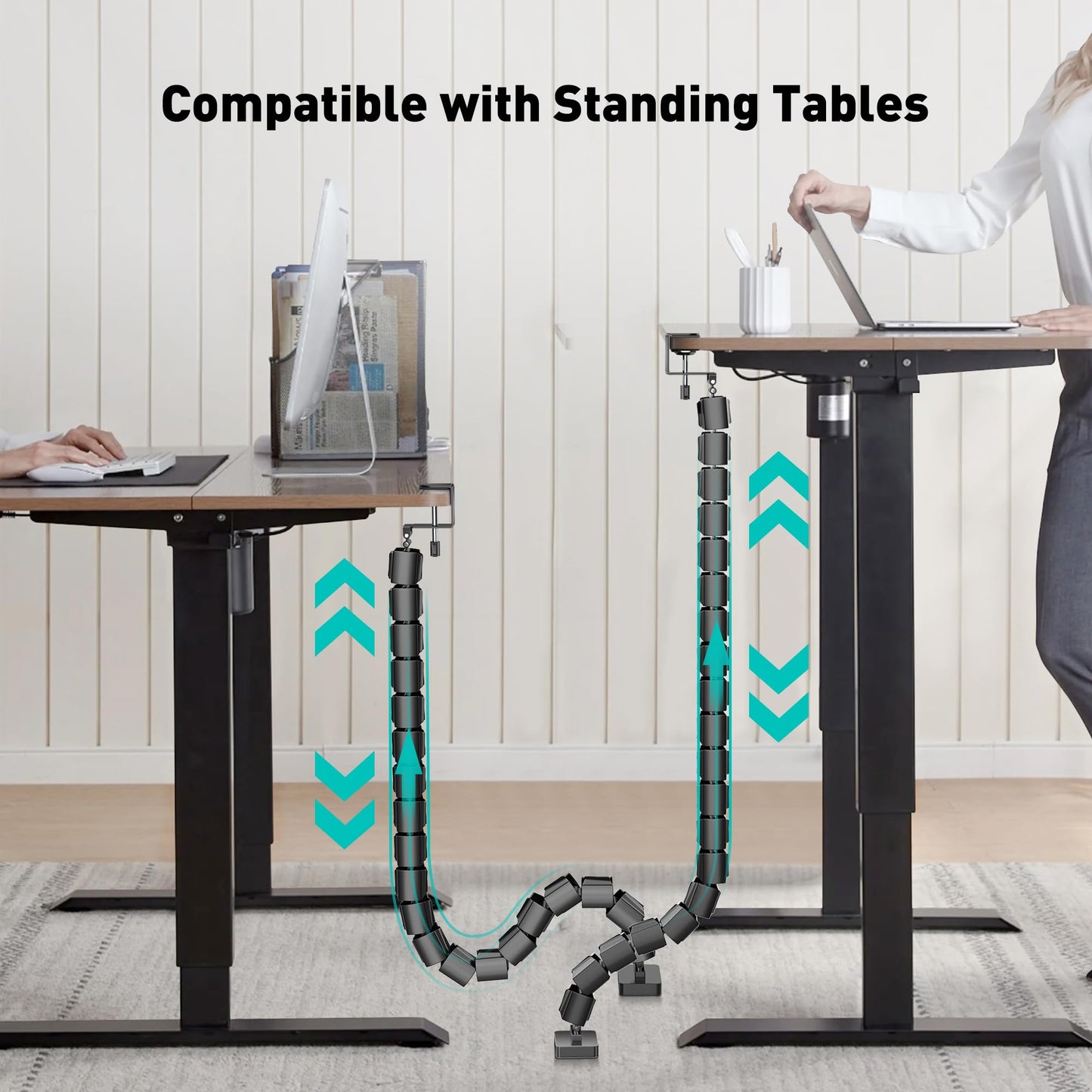 DeskLogics Clamp-On Cable Management Spine, No-Drill Vertebrae Wire Hider for Glass & Wood Standing Desks, Tool-Free Adjustable Desk-to-Floor Cord Organizer Snake with Non-Scratch Silicone Padding