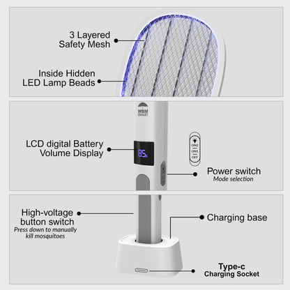 WBM SMART 2 in 1 Electric Bug Zapper, Mosquitoes Trap Lamp & Racket, USB Rechargeable Electric Fly Swatter for Home and Outdoor Powerful Grid 3-Layer Safety Mesh Safe to Touch