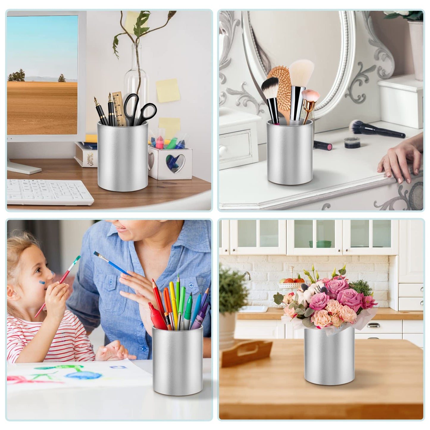 Dopaka Pen Holder Pencil Holder for Desk, Metal desk pen holder, Makeup Brush Holder, pencil cup, pen organizer for desk, for Office, School, Home, and Kids 3.9×3.14inch（Silver）