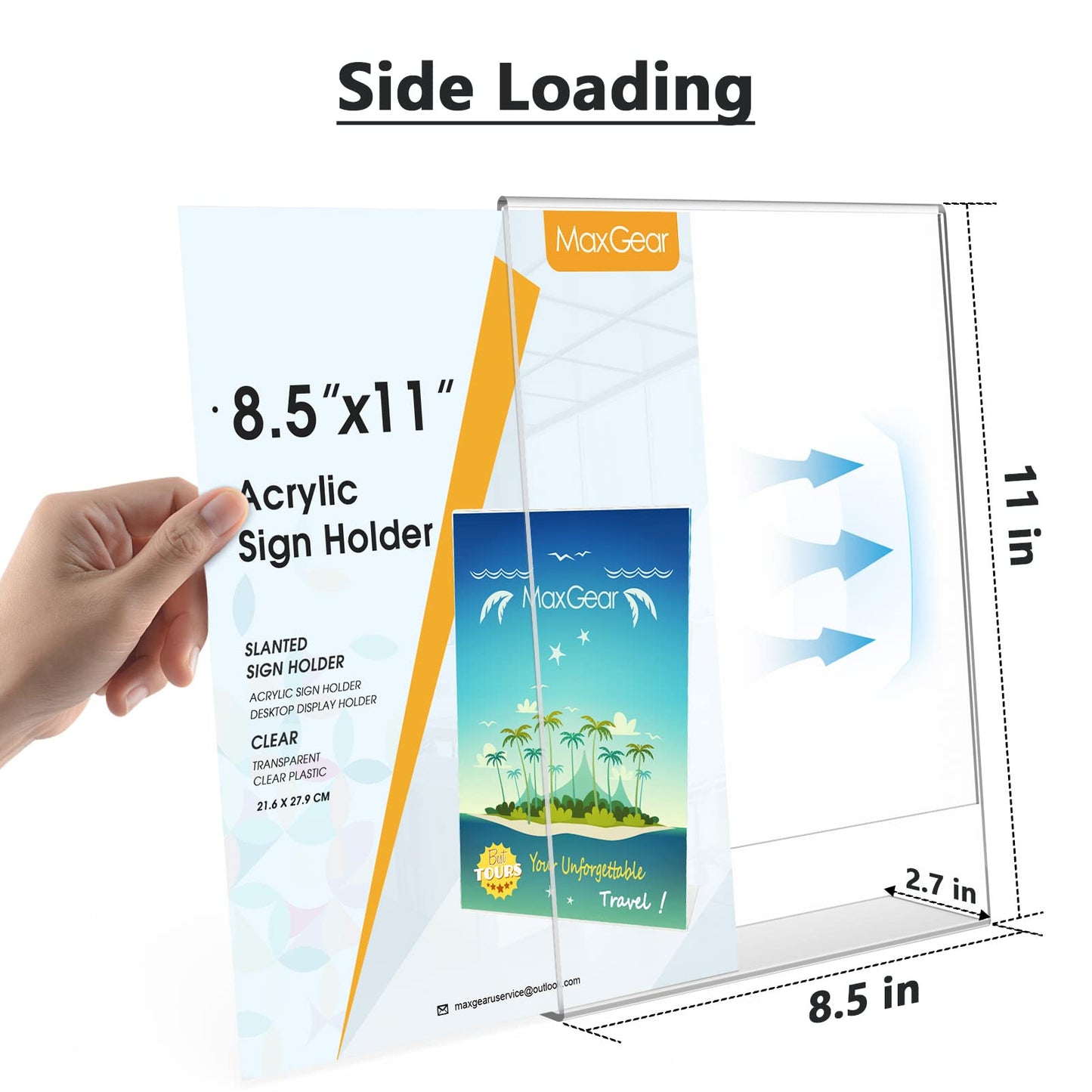MaxGear Acrylic Sign Holder, Clear Sign Holders Plastic Display Stand 8.5 x 11 Inches Slant Back Countertop Display Picture Frames for Menus, Flyer, Use In Office, Store, 3 Pack