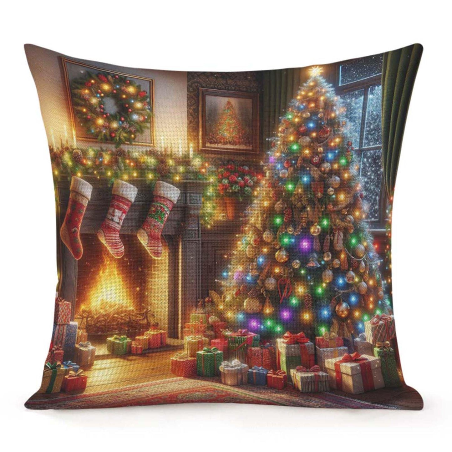 Throw Pillow Cover 20x20 Inch,Christmas Living Room Christmas Tree Adorned Lights Ornaments Stockings Hang Above Fireplace Throw Pillow Case,Home Decor Cushion Covers for Sofa Living Room Couch Bed