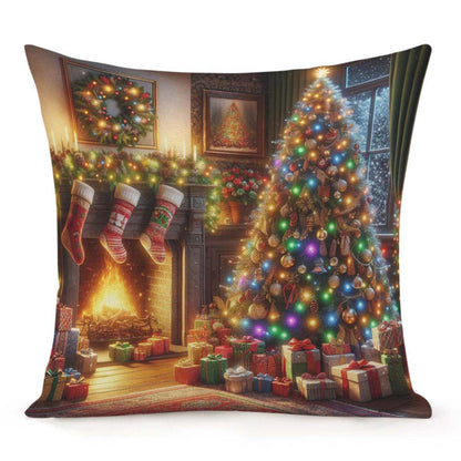 Throw Pillow Cover 20x20 Inch,Christmas Living Room Christmas Tree Adorned Lights Ornaments Stockings Hang Above Fireplace Throw Pillow Case,Home Decor Cushion Covers for Sofa Living Room Couch Bed