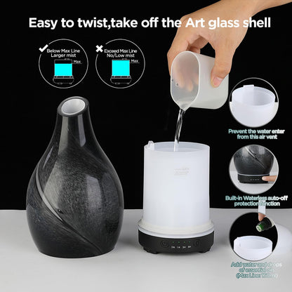 Essential Oil Diffuser Hand Blown Glass Aromatherapy Diffuser - Ultrasonic Cool Mist Scent Aroma Diffuser, Whisper Quiet with Auto Shut-Off, Timer Setting &7 Colors Night Light for Home