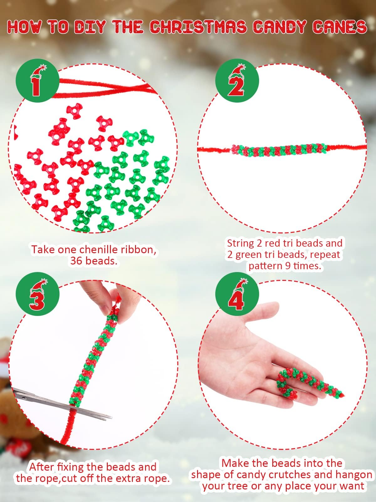 Lanstics Christmas Craft Kit - 60 Sets Beaded Ornament Kit Including Wreath, Candy Cane for Xmas Tree Decorations - Adults & Kids - Assembly Needed