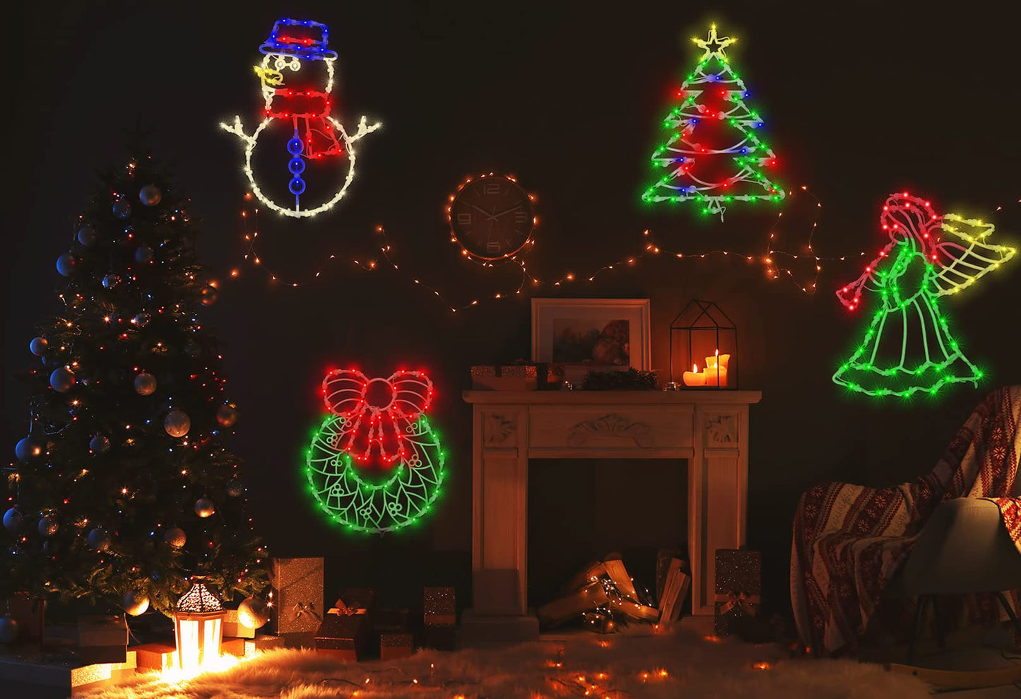 Christmas Window Silhouette Lights Decorations Pack of 4 Lighted Snowman, Trumpeting Angel, Wreath, Christmas Tree Christmas Window Lights with 50 Bulbs for Holiday Indoor Wall Door Glass Decorations