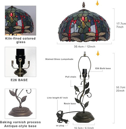 Tiffany Style Table Lamp Handmade Stained Glass Bedside Lamp 12x12x20 inch Metal Leaf Base,Art Glass Lamp for Living Room, Bedroom, Office Decor(Red Dragonfly)