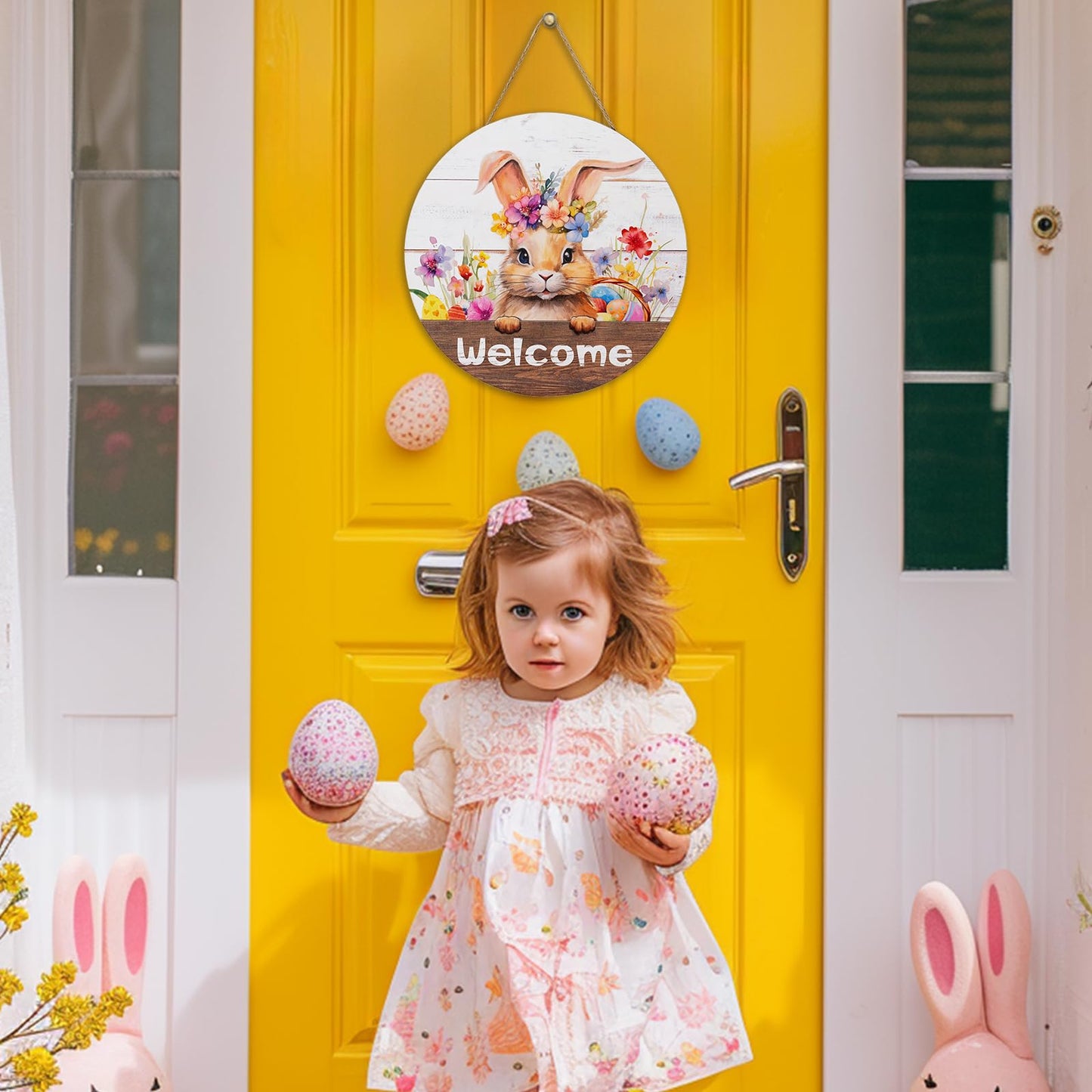 Walasis Easter Decorations for Front Door: Bunny Rabbit 3D Welcome Sign for Wall Decor Easter Wreaths Hanging for Home