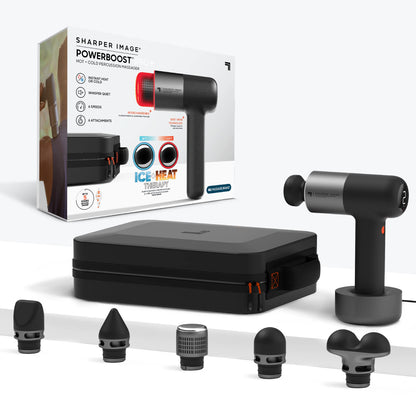 Sharper Image Deep Tissue Percussion Massage Gun, Powerboost Pro+ Hot & Cold Rechargeable Handheld Massager, 6 Adjustable Speeds, 6 Attachment Heads & Carrying Case, Muscle Pain Relief, Black