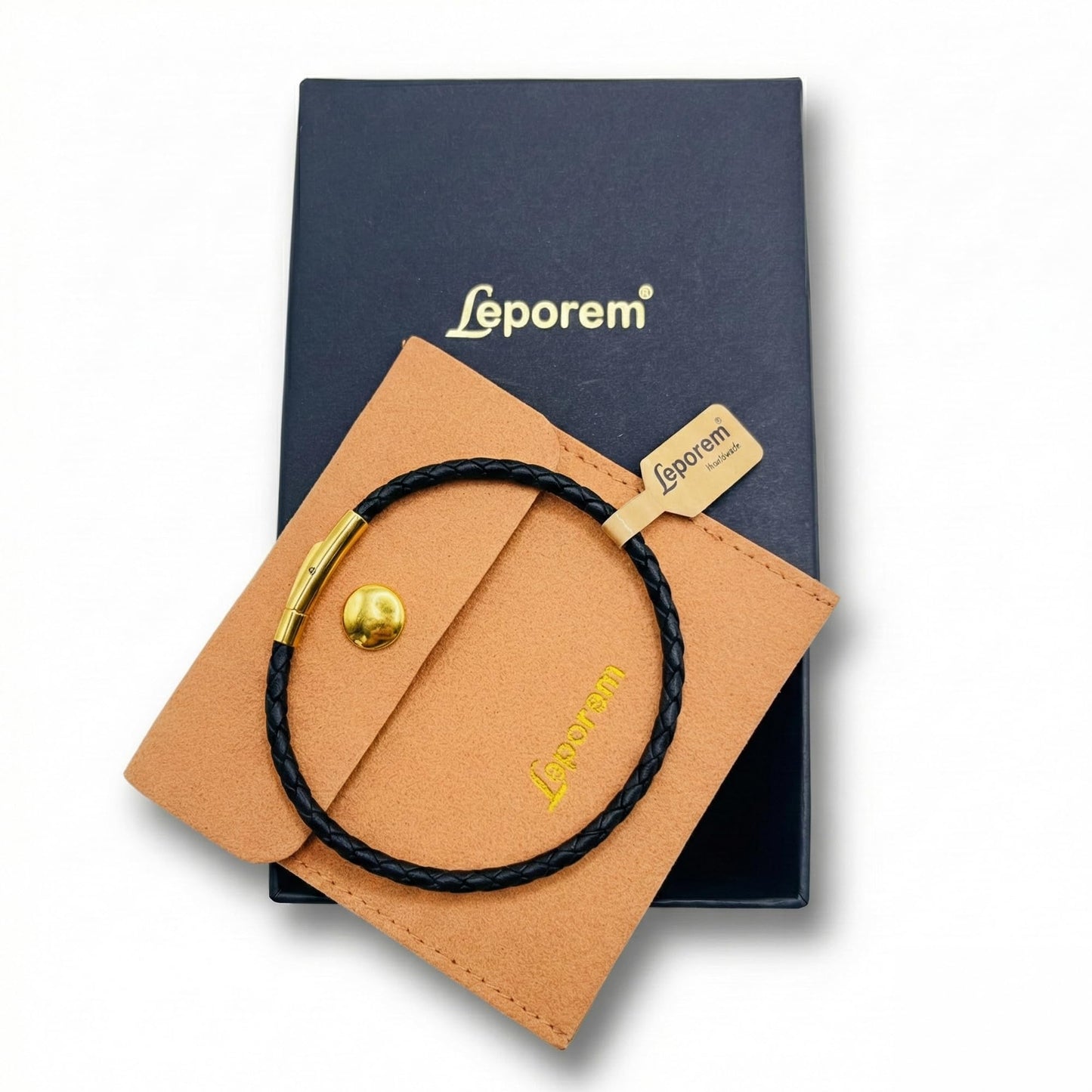 Leporem Premium Black Braided Leather Bracelet 18K Gold Plated Minimalist Everyday Jewelry Secure Push Lock Clasp Luxury Gift Box (Black, 7.5 Inch)