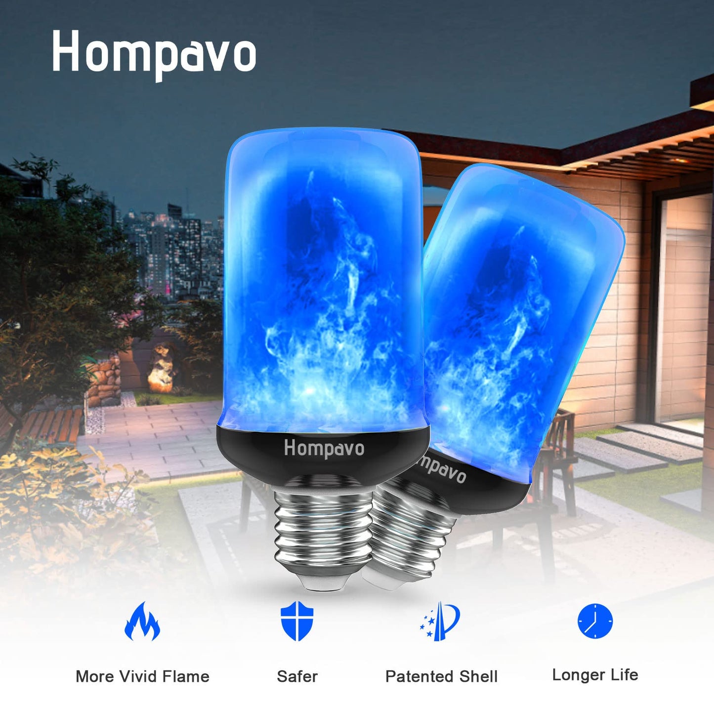 Hompavo 【Upgraded】 LED Flame Light Bulbs, 4 Modes Flickering Light Bulbs with Upside Down Effect, E26 Flame Bulb for Halloween Christmas Party Patio Porch Home Indoor Outdoor Decorations - 2 Blue