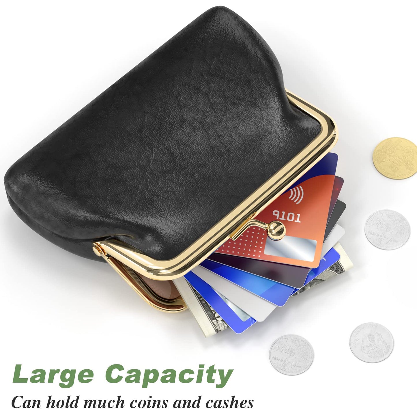 Coin Purse, Small PU Leather Change Purse, Coin Wallet with Clasp, Car Change Holder Pouch for Woman Men Kids Girls, Black