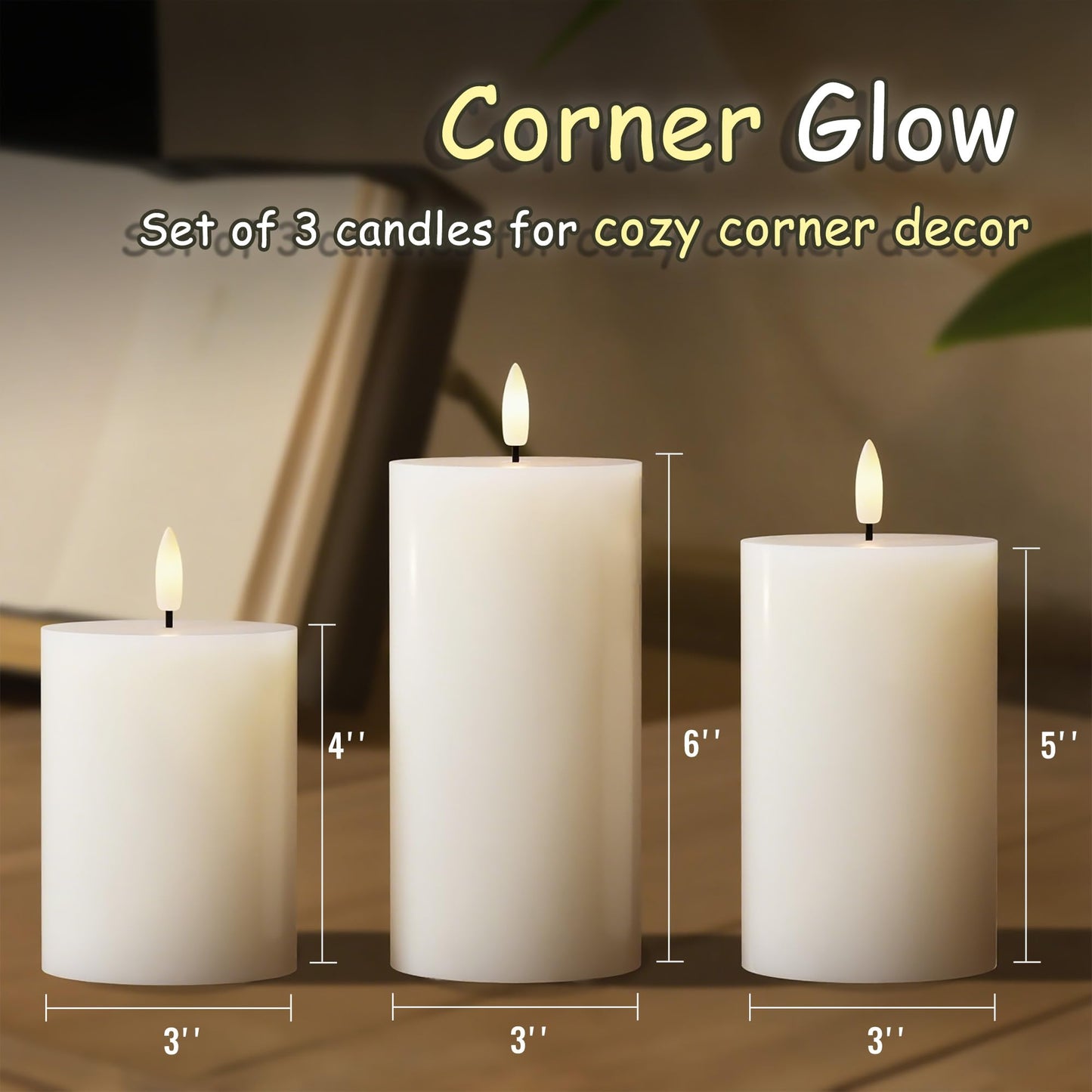 JOIONE Flameless Pillar Candles with Remote, 3 Pack Battery Operated Real Wax LED Candles, LED Candle that Perfect for Home Decorations Fireplace Table, White