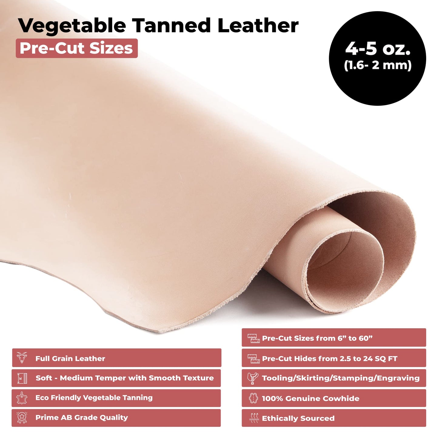 ELW Full Grain Cowhide Leather 4-5 oz [1.6-2mm] Thickness in Pre-Cut Size: 12"x24", AB Grade Hide Vegetable Tanned Leather Using for Tooling, Carving, Molding, Dyeing Material for Craft, Hobby