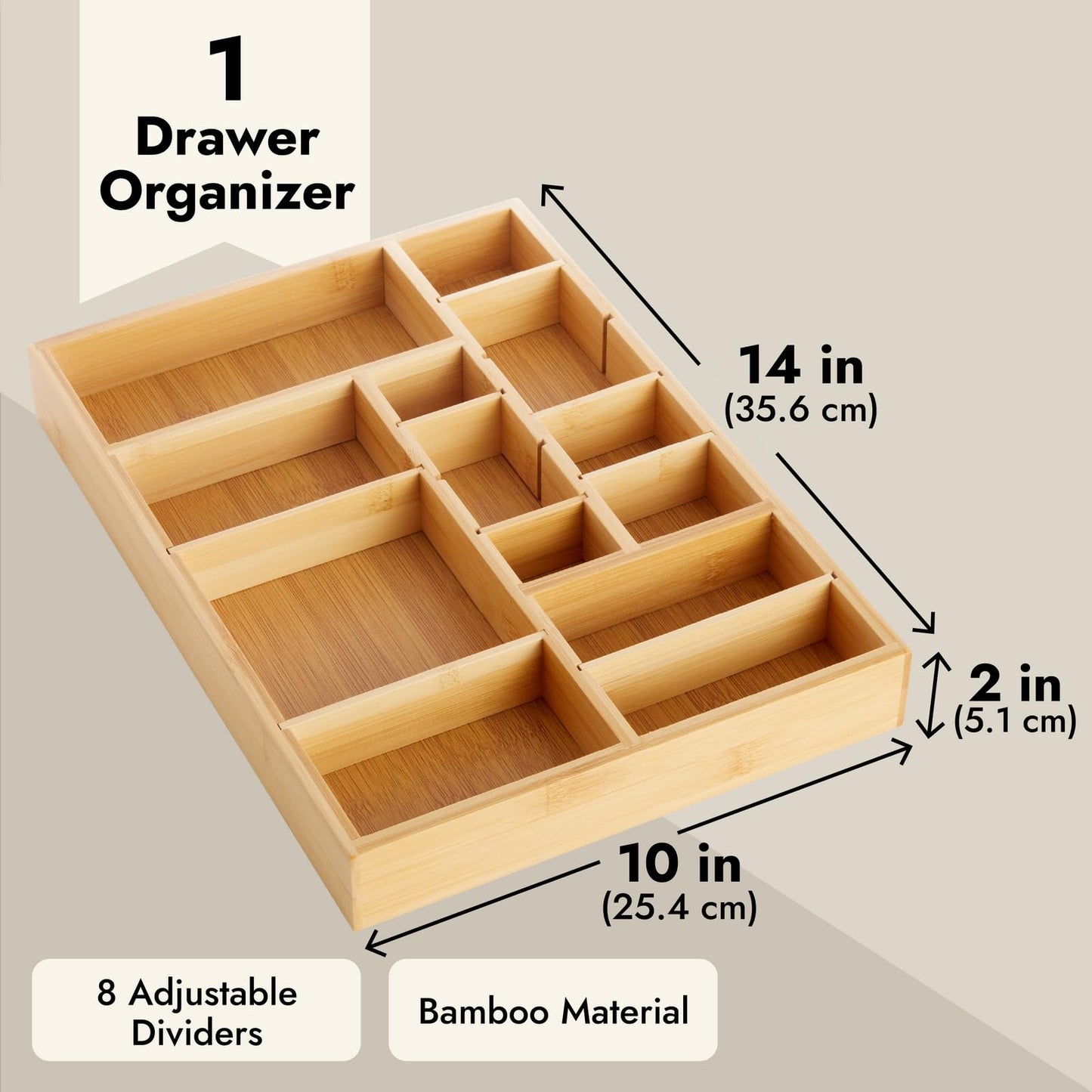 Juvale Drawer Organizer Tray - 8-Slot Drawer Divider for Utensils - Versatile Silverware Holder - Desk Tray for Office Supplies - 14 x 10 x 2 in, Brown, Bamboo