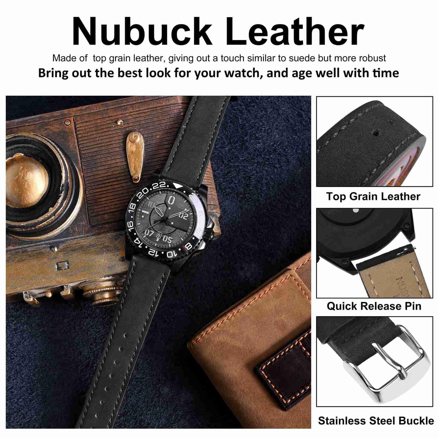 WOCCI 19mm Retro Leather Watch Band for Men and Women, Quick Release Replacement Strap with Silver Buckle (Black)