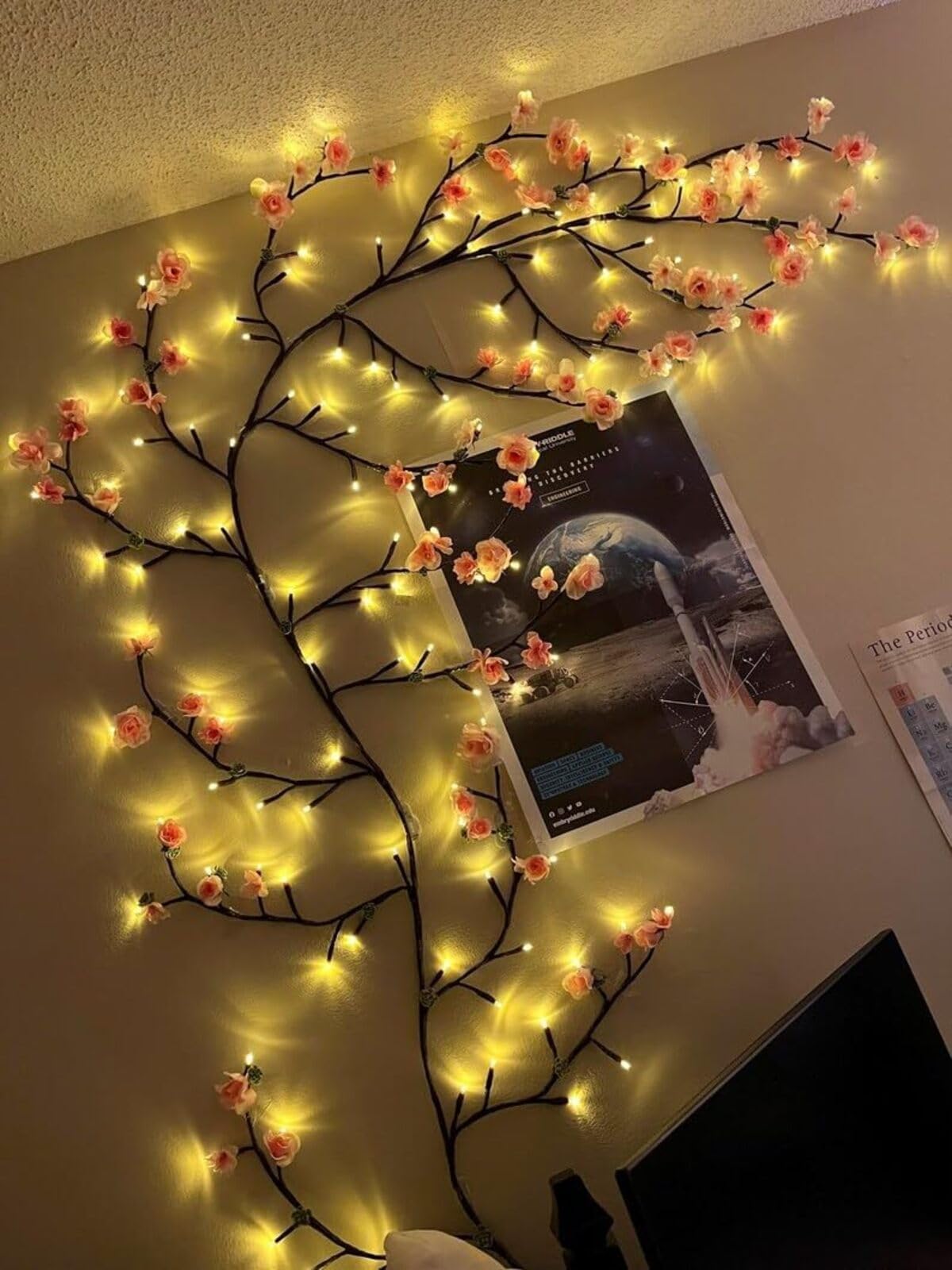 Cherry Blossom Tree Branch Lights for Wall,Cherry Enchanted Willow Vine Lights,with 144 LED and 8 Lighting Modes,Remote Timer,for Bedroom Wall Doors Windows Wedding Christmas Holiday (90inch)