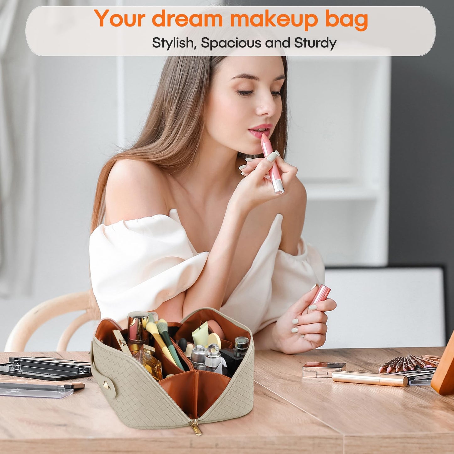 Large Capacity Travel Cosmetic Bag - PU Leather Makeup Organizer Bag Portable Woven Makeup Bags for Women Waterproof Travel Toiletry Bag with Divider Pouch, Khaki