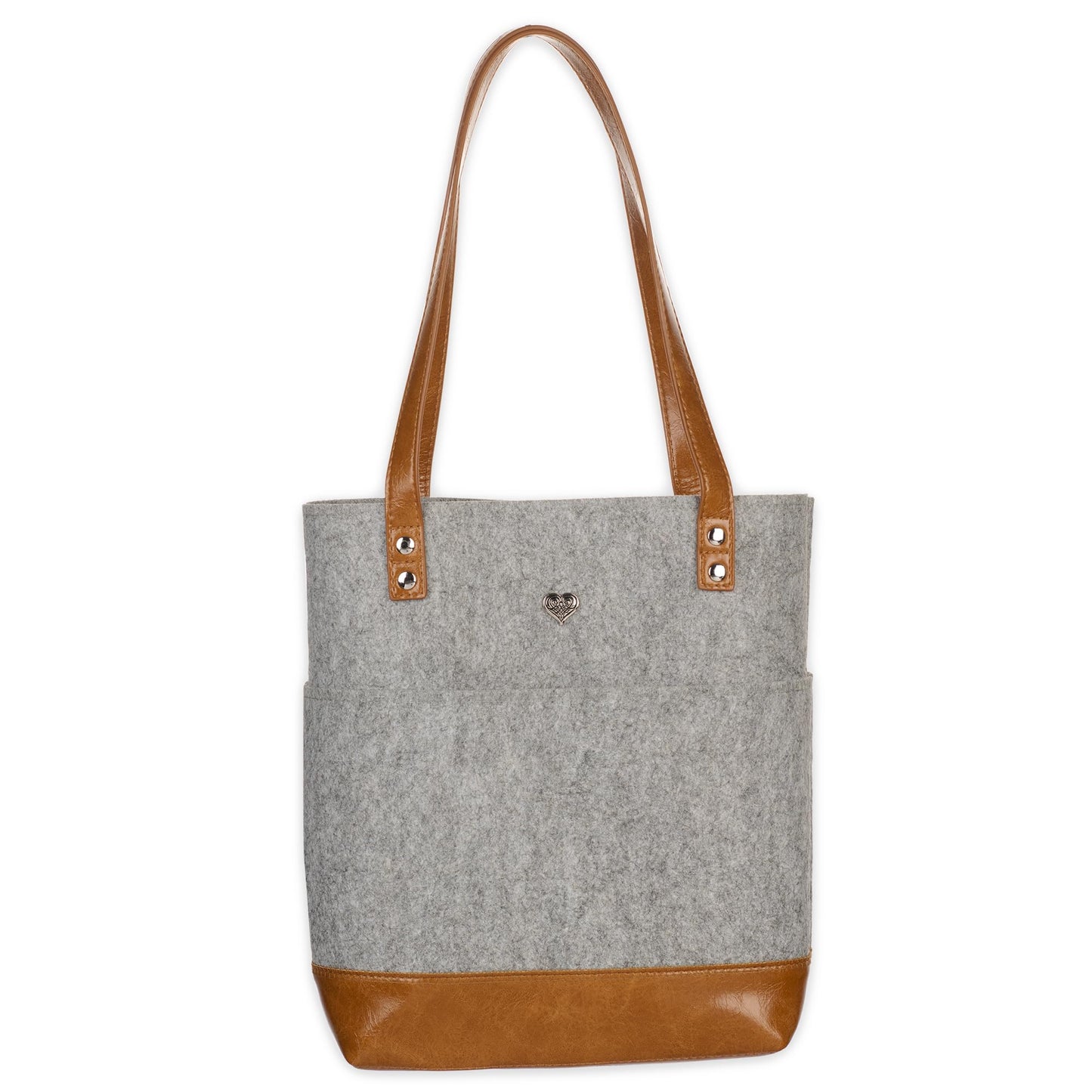 Christian Art Gifts Felt and Faux Leather Bible Tote for Women: With Metal Heart Badge, Pockets and Magnetic Button Closure, Toffee Brown and Gray, One Size Carry Bag for Books, Supplies and Shopping
