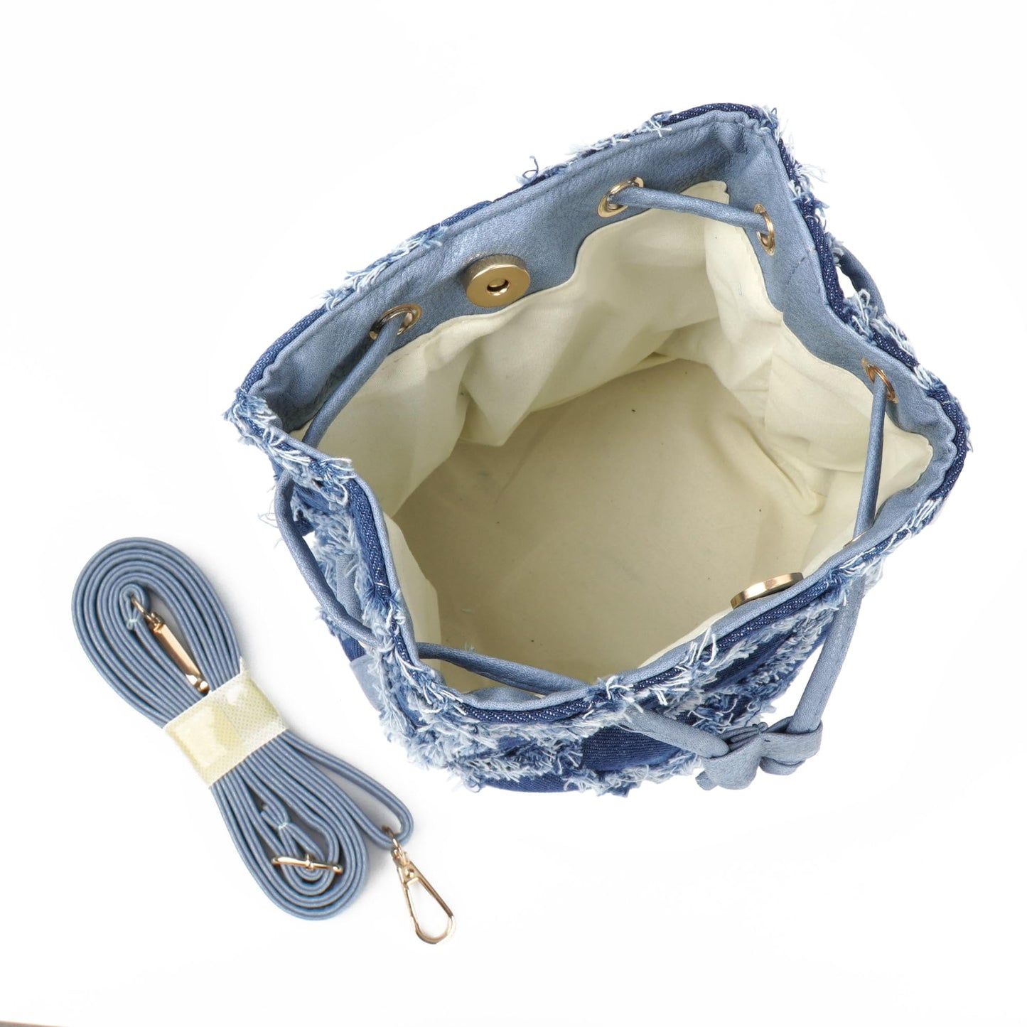 Hyuyikuwol Women Denim Mini Bucket Shoulder Crossbody Bag Drawstring Quilted Distressed Tassel Barrel Shape Satchel Purse, Blue