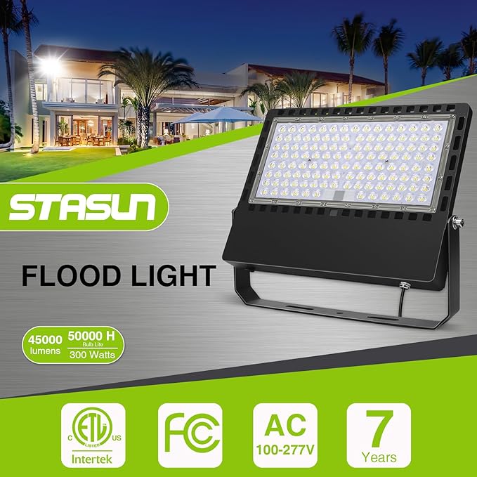 STASUN 300W 45000LM LED Flood Light Outdoor - High Lumen Super Bright, 100-277V 5000K Daylight White, IP66 Waterproof Stadium Lights for Arena, Backyard, Parking Lot, Courts, ETL Certification
