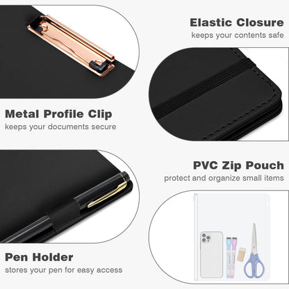 Eyrozill Professional Leather Binder Portfolio with Clipboard, Zipper Pouch, 5 Sheets Plastic Dividers，Leather 3 Ring Binder 8.5 x 11, 1-inch Round Rings, Professional Binder Organizer, Black