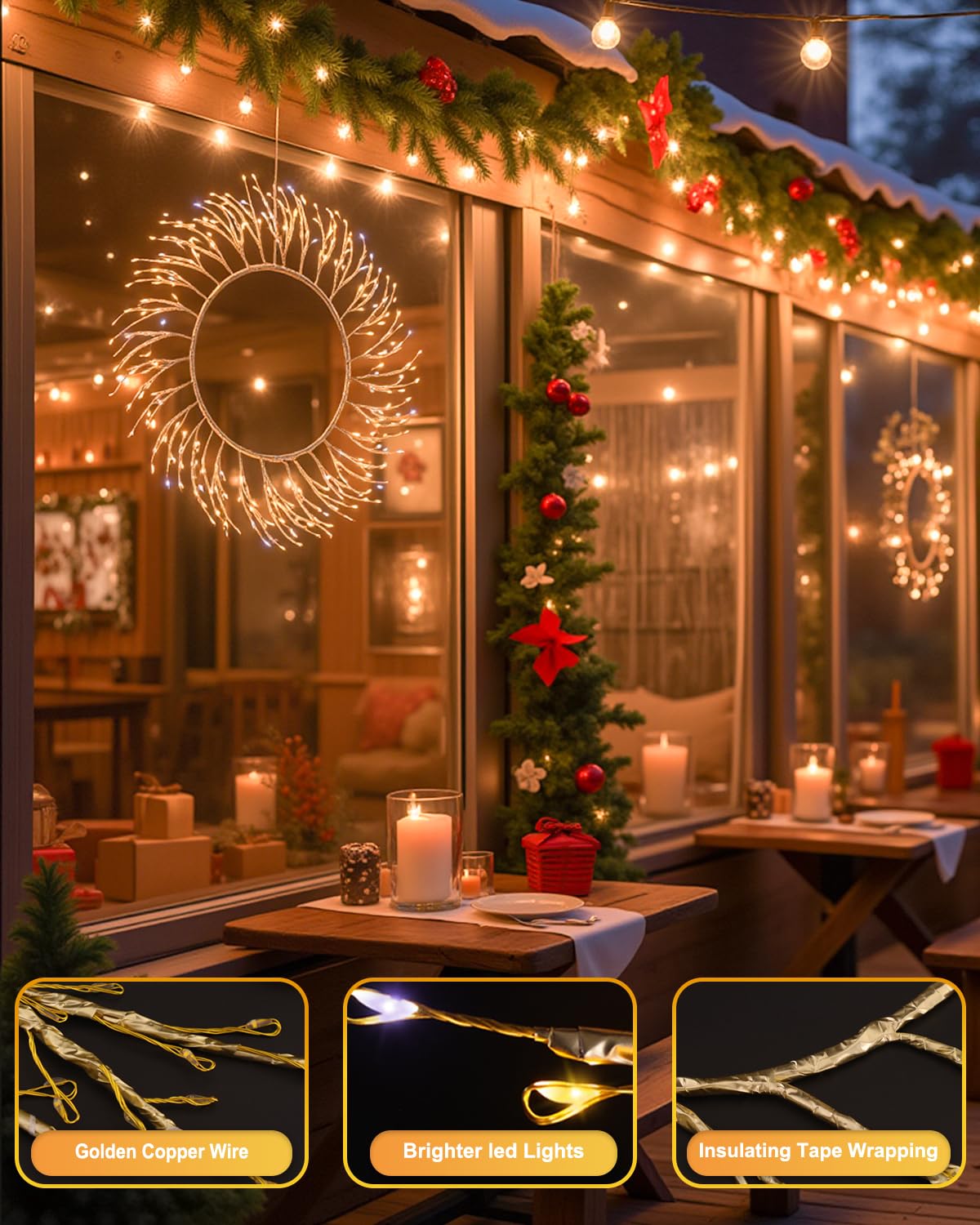 ooLALoo Pre-Lit Christmas Door Wreath Decorations, 22" Christmas Wreath with 260 LEDs Fairy Lights, USB Operated Window Lights Hanging for Front Door Wall Party Xmas Indoor Decor, Gold Twig