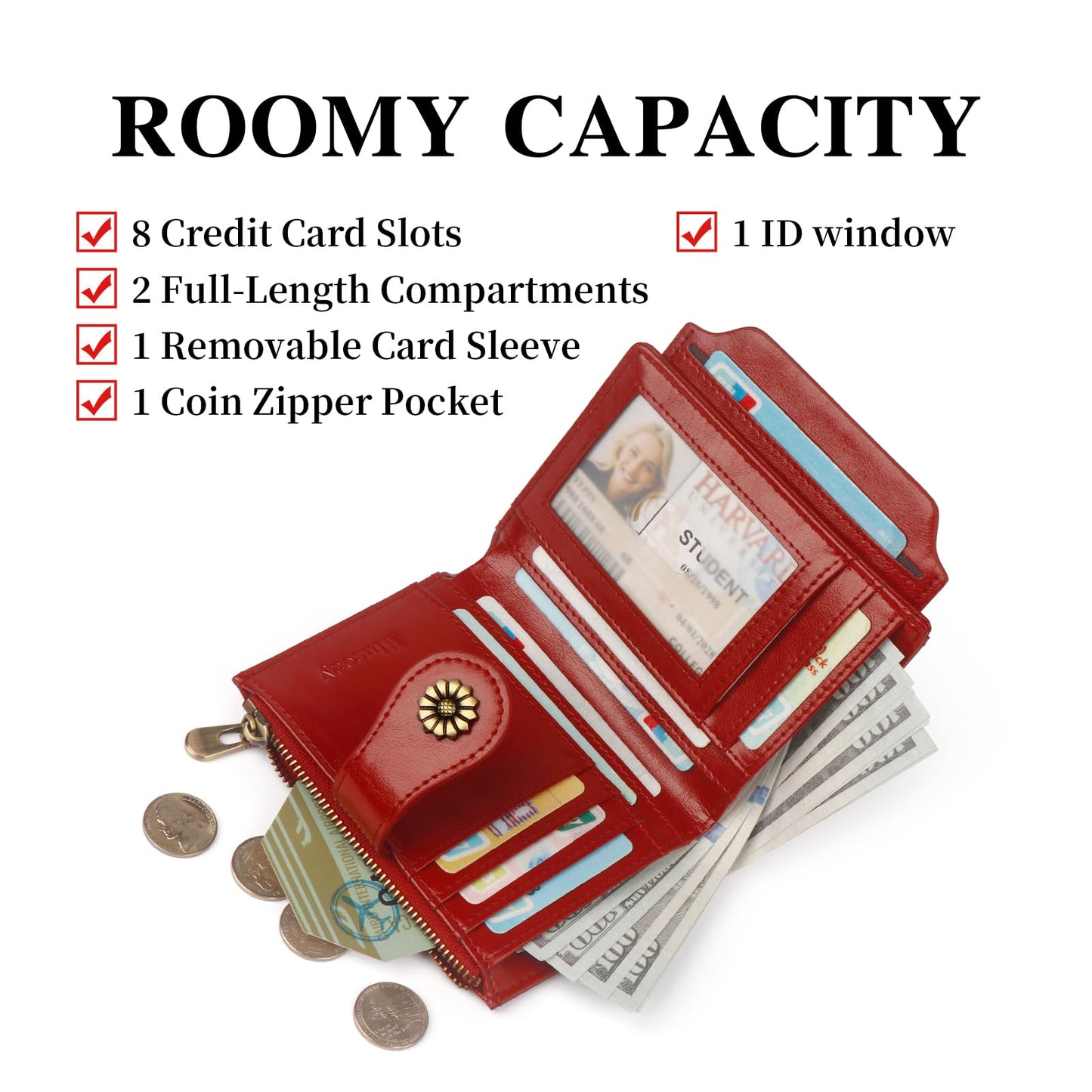 Blucoay Small Wallet Women,Microfiber Leather Compact Bifold Wallet Women RFID Blocking Card Holder With Removable ID Window(winered)
