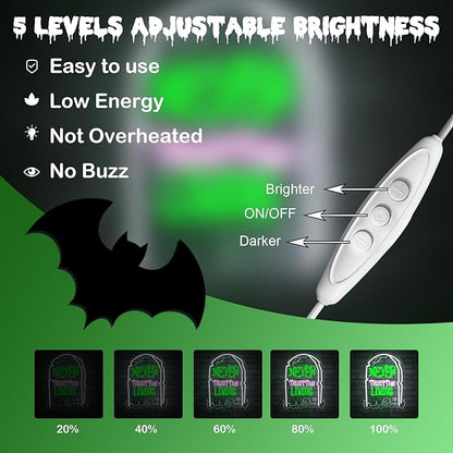 Never Trust The Living Neon Sign Halloween LED Sign for Window Dimmable USB Powered Tombstone Light for Wall Decor Light Up Halloween Signs for Room Bar Secrets Spooky House Decor