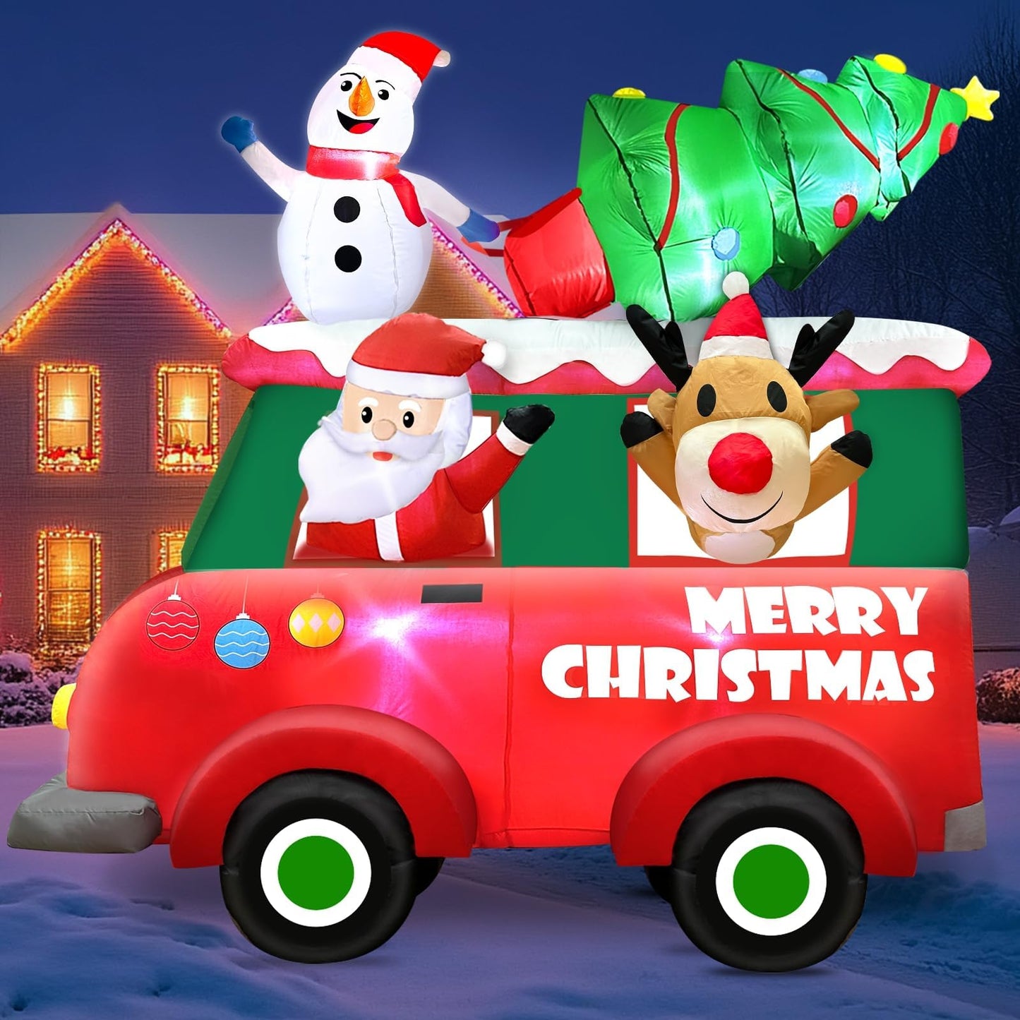 8 Ft Ht x 8 Ft L Giant Christmas Inflatables Outdoor Decorations, LED Lighted Santa Claus Inflatables Truck with Snowman and Reindeer, Christmas Tree Blow Up Yard for Holiday Outdoor Garden Lawn Decor